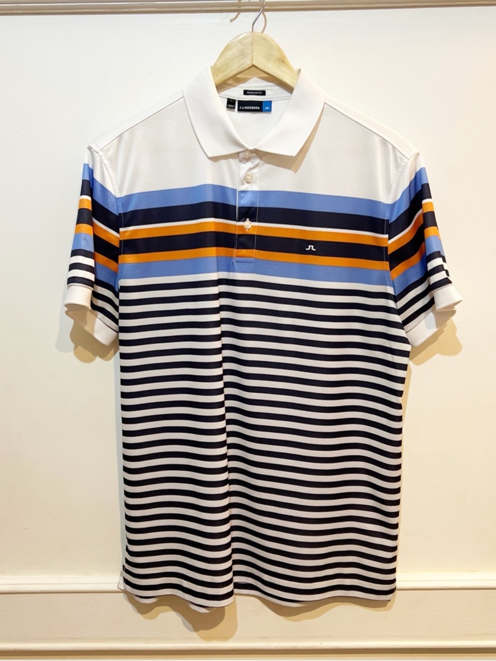 J.Lindeberg Golf Polo with Navy, Light Blue & Orange Stripes in Great condition